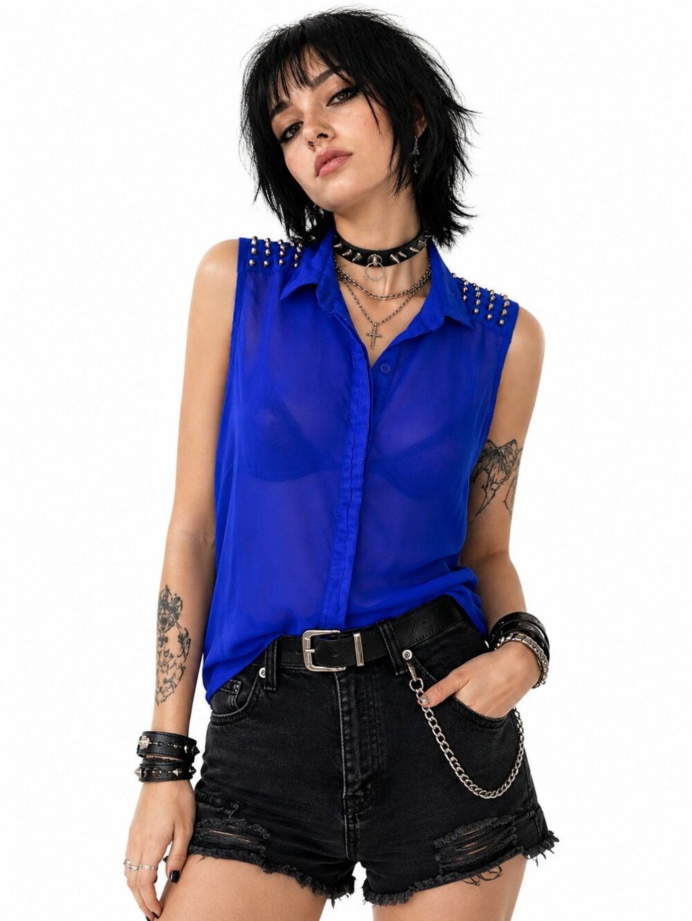 Blue Sleeveless Top with Studded Shoulders